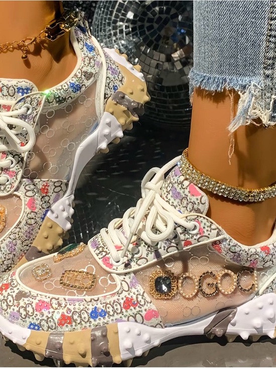 Shoes - Embellished Multicolor Mesh Sneakers with Crystal Accents - Women
